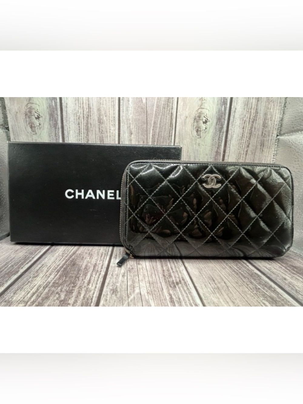CHANEL Quilted Patent Leather Black Zippy Wallet w/ Box